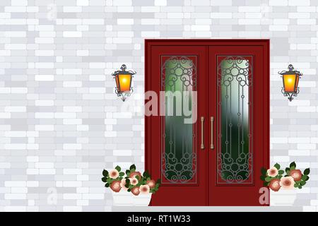 Red vintage front door, house entrance, grey brick wall Stock Vector