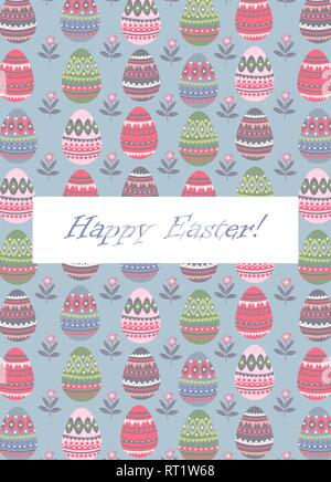 Happy Easter. Templates for cards and flyers with cartoon flat cute easter eggs pattern and text. Vector illustration Stock Vector