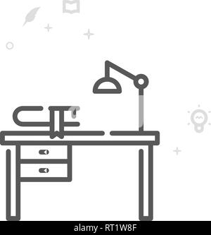 Writer's Desk, Workplace Vector Line Icon, Symbol, Pictogram, Sign. Light Abstract Geometric Background. Editable Stroke Stock Vector