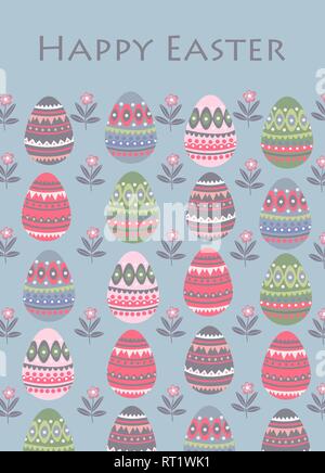 Happy Easter. Templates for brochure and flyers with cartoon flat cute easter eggs pattern and text. Vector illustration Stock Vector