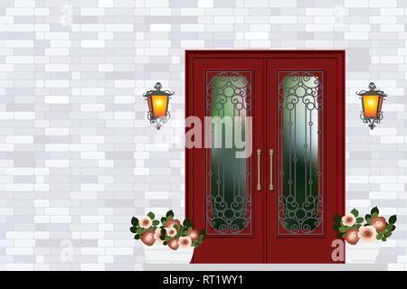 Red vintage front door, house entrance, grey brick wall vector illustration Stock Vector
