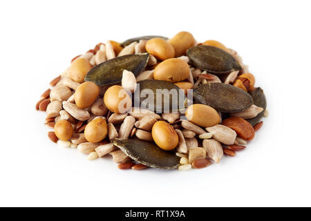 Mix of various healthy seeds including soy beans, sesame, pumpkin and sunflower seeds isolated on white background Stock Photo
