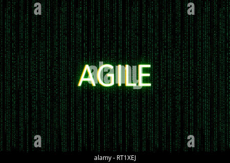 agile, keyword of scrum, on a green matrix background, development Stock Photo