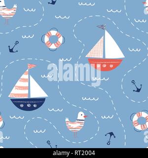Whimsical Hand-Drawn with Crayons Nautical Map Vector Seamless Pattern with Ships, Seagulls, Anchors, Lifebuoys Cute Blue Nautical Background. Sea, Oc Stock Vector
