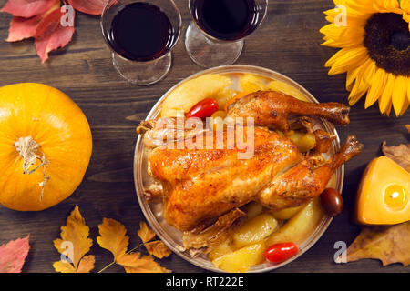 Thanksgiving dinner served on wooden rustic table Stock Photo