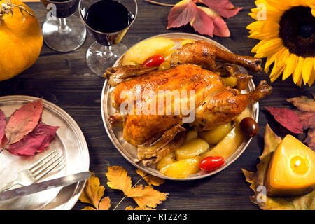 Thanksgiving dinner served on wooden rustic table Stock Photo