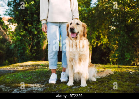Woman next to Golden retriever dog sitting on a meadow Stock Photo