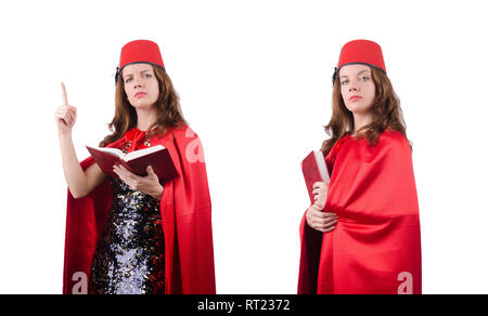 Woman wearing fez hat isolated on white Stock Photo