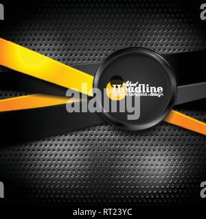 Abstract stripes and black glossy circle on dark perforated metallic texture. Vector background Stock Vector