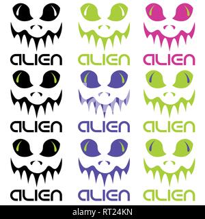 set of abstract alien faces of different colors with the inscription Stock Vector