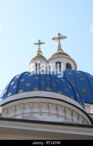 Two blue domes & crosses. Trinity Izmailovsky Cathedral. Cathedral of the Holy Life-Giving Trinity of the Life Guards Izmailovsky Regiment. Saint-Pete Stock Photo