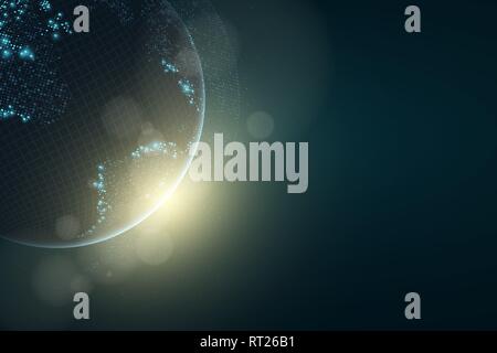 Futuristic planet Earth. Glowing map of square dots. Abstract background. Space composition. Sunlight. High tech. World map. Glare bokeh. Global netwo Stock Vector