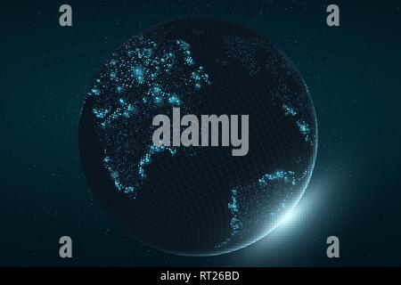 Futuristic planet Earth. Glowing map of square dots. Abstract background. Space composition. Blue glow. High tech. World map. Global network connectio