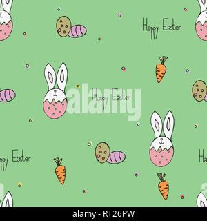 Hand Drawn Doodles vector illustration, Easter Bunny In Egg and Colourful Easter Eggs Seamless Pattern with green background Stock Vector