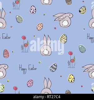 Easter doodles seamles pattern with easter bunny, eggs and flowers. Hand drawn  colourful vector illustration with blue background. Stock Vector