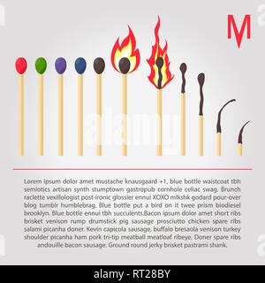 Collection of matches. Burning match with fire,burnt matchstick. Flat design style. Vector illustration isolated on white background. Stock Vector