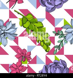 Vector Jungle botanical succulent flower. Engraved ink art illustration. Seamless background pattern. Stock Vector