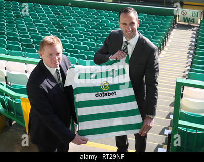 Newly appointed Celtic manager Neil Lennon (left) with assistant John Kennedy following the press conference at Celtic Park, Glasgow. Stock Photo
