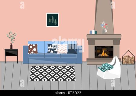 Vector interior in Scandinavian style. Living room with Fireplace, comfortable bright Sofa with Pillows, Chair, and flowers. Stock Vector