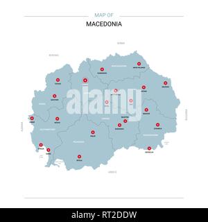 Macedonia vector map. Editable template with regions, cities, red pins and blue surface on white background. Stock Vector