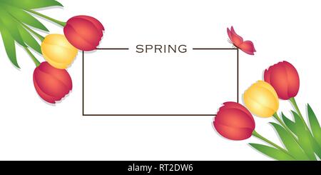 spring design card with colorful tulips and butterfly vector illustration EPS10 Stock Vector