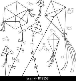 Kites flying in the sky. Vector black and white coloring book page Stock Vector