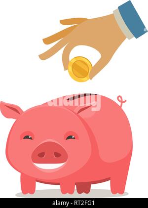 Piggy bank and hand with coin. Save money, banking, business concept. Cartoon vector illustration Stock Vector