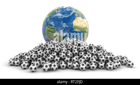 Pile of Soccer footballs and Globe. Image with clipping path Stock Photo