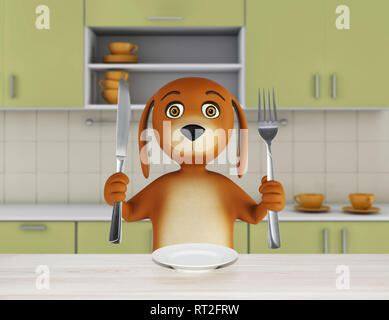 Hungry cartoon dog with empty bowl holds a knife and fork. 3d render Stock Photo