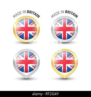 Made in Britain UK - Guarantee label with the flag of the United Kingdom inside round gold and silver icons. Stock Vector