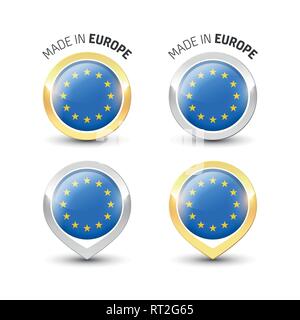 Made in Europe EU - Guarantee label with the flag of European Union inside round gold and silver icons. Stock Vector