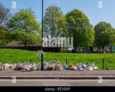 Floral tributes to 22 year old Kwabena Nelson who was stabbed to death on Kemble Road in North London on the 3rd February 2018. Stock Photo