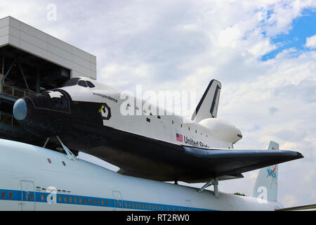 HOUSTON, TEXAS, USA - JUNE 9, 2018: NASA Space Shuttle Independence and NASA 905 Shuttle Carrier Aircraft. Independence Plaza, Space Center Houston. Stock Photo