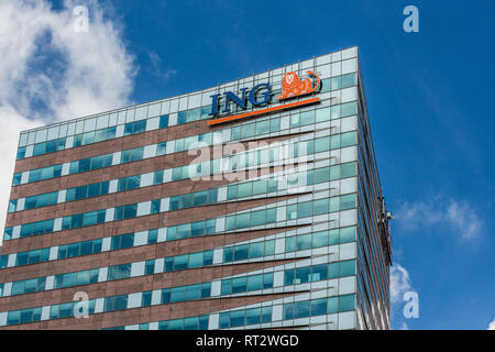 Amsterdam, Netherlands. June 27, 2015. Logo of ING bank at De Entree building Stock Photo