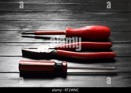 Hand Tools on Wooden Background Stock Photo
