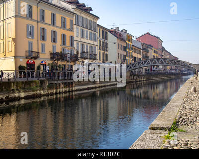 MILAN, ITALY-FEBRUARY 15, 2019: Naviglio Grande canal and architecture next to it in the sunny day Stock Photo
