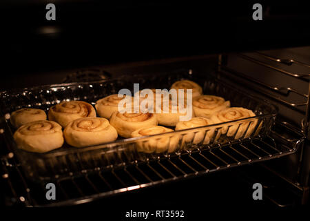 homemade cinnamon rolls, baking in the owen Stock Photo