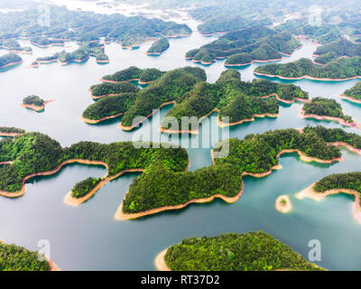 Aerial View of Thousand island lake. Bird view of Freshwater Qiandaohu. Sunken Valley in Chunan Country, Hangzhou, Zhejiang Province, China Mainland. Stock Photo