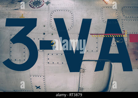 Old vintage airplane fuselage closeup view. Industrial background Stock Photo