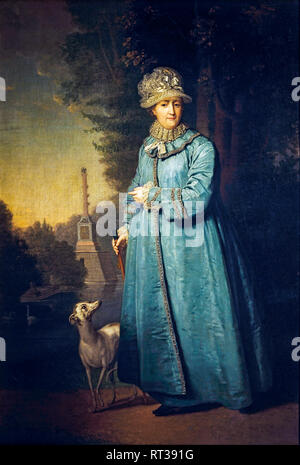 Catherine II, Empress of Russia during a walk in the Tsarskosyelsky Park with the Chesmensky Column in the background, 1794 painting Stock Photo