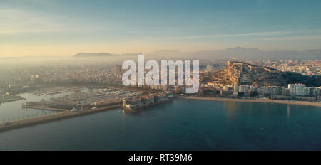 Aerial photography drone point view Alicante cityscape above panorama main landmark in city center Santa Barbara castle on Mount Benacantil Spain Stock Photo