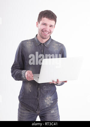 successful young man with an open laptop.isolated on white Stock Photo