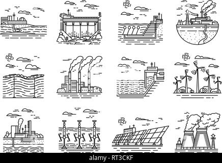 Power plants icons. Set of industrial buildings. Nuclear Factories, Chemical Geothermal, Solar Wind Tidal Wave Hydroelectric, Fossil fuel, Osmotic Stock Vector