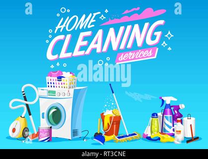 Cleaning service Poster. Home tools Banner. Washing machine, Detergents Cleanser, Water bucket for Mopping, Vacuum cleaner Scoop, Chemicals Appliances Stock Vector