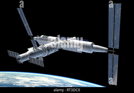 Artist's concept of the Chinese space station Tiangon-3 in orbit. Stock Photo