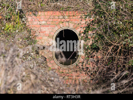 Small red brick water tunnel over a narrow stream, with reflections of the tunnel brickwork in water. Stock Photo