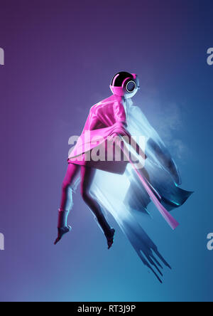 Portrait of a space women in a futuristic space suit floating away. 3D people conceptual illustration. Stock Photo