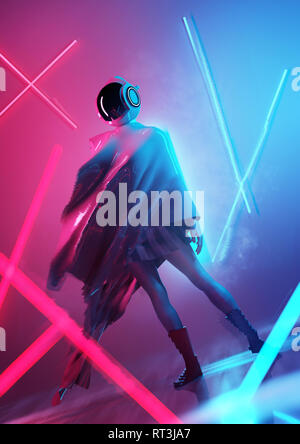 A futuristic female model in a space outfit and helmet posing in neon lighting. conceptual people 3D illustration. Stock Photo