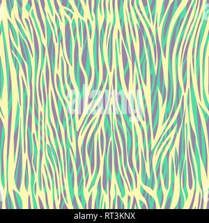 Chaotic uneven stripes abstract seamless pattern, zebra print, animalistic ornament, stylized modern illustration. Colorful pastel purple yellow green Stock Vector