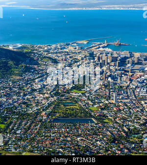 Color outdoor panoramic city view over Cape Town,South Africa, towards the harbor and ocean seen from the table mountain on a bright sunny day Stock Photo